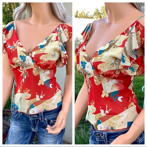 VTG Sm/Med 6 Crop Top Sheer Flutter Sleeve Blouse - Picture 4 of 8